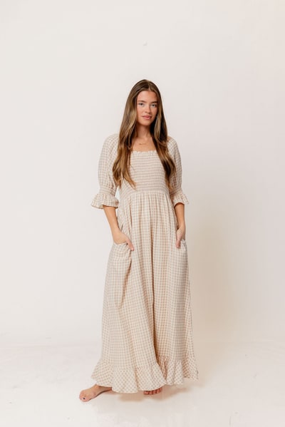 Worth Collective Sienna 100% Cotton Puff Sleeve Maxi Dress in Rose Plaid (Lined) - Bump Friendly