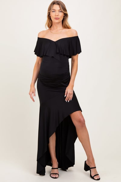 PinkBlush Black Off Shoulder Ruffle Hi-Low Maternity Maxi Dress