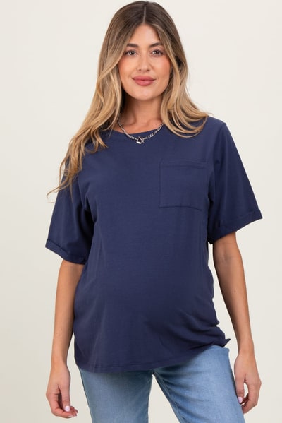 PinkBlush Navy Oversized Pocket Front Short Sleeve Maternity Top