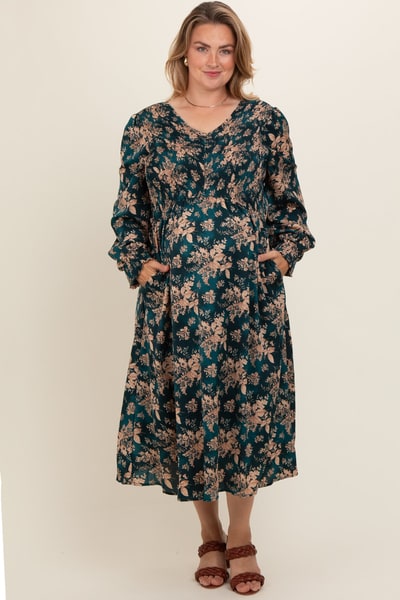 PinkBlush Dark Teal Floral Plus Maternity Midi Dress