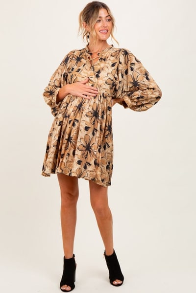 PinkBlush Camel Floral Front Tie Bubble Sleeve Maternity Mini Dress