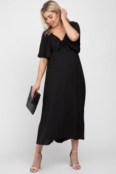 PinkBlush Black Textured Dot Front Tie Ruffle Sleeve Maternity Midi Dress