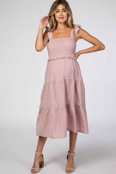 PinkBlush Mauve Bow Strap Tiered Maternity Midi Dress