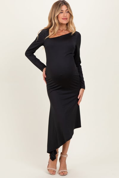 PinkBlush Black Asymmetric Hem Maternity Midi Dress