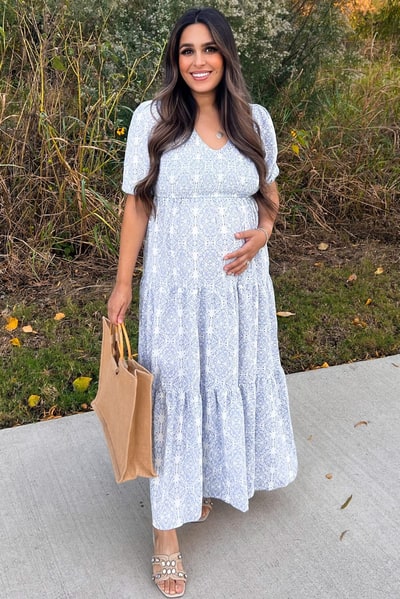 PinkBlush Blue Paisley Print Smocked Tiered Maternity Maxi Dress