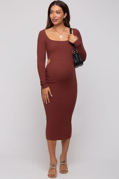 PinkBlush Brown Rib Knit Side Cutout Maternity Midi Dress