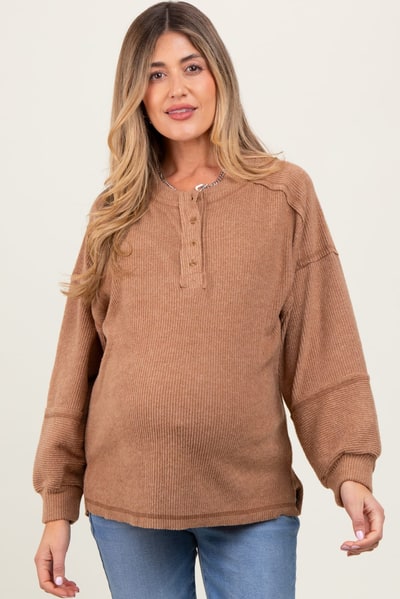 PinkBlush Camel Oversized Ribbed Knit Henley Maternity Sweater