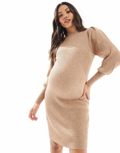 ASOS ONLY Maternity knit midi dress in light brown