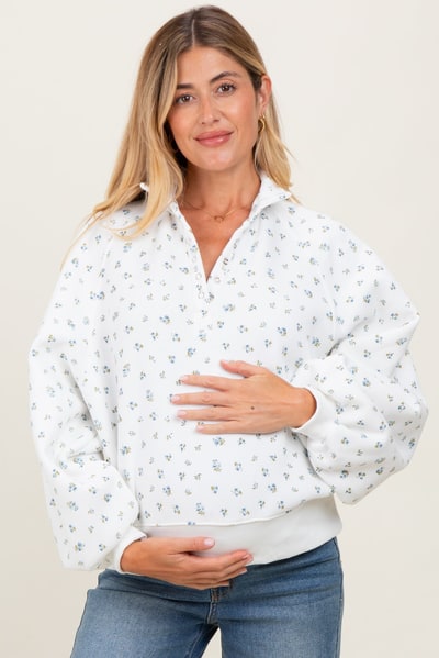PinkBlush Ivory Floral Bubble Sleeve Snap Collar Maternity Sweatshirt