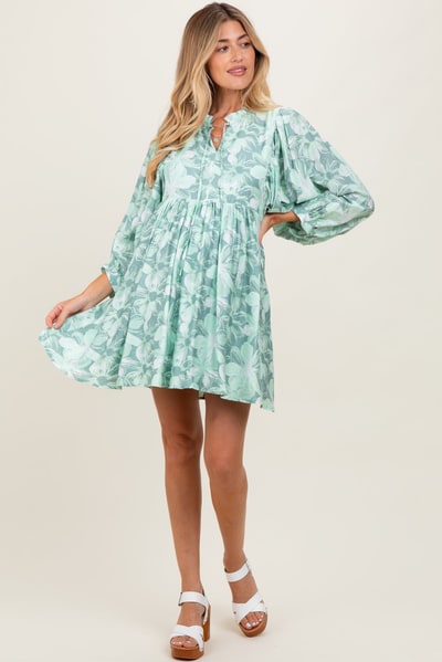 PinkBlush Light Olive Floral Front Tie Bubble Sleeve Maternity Mini Dress