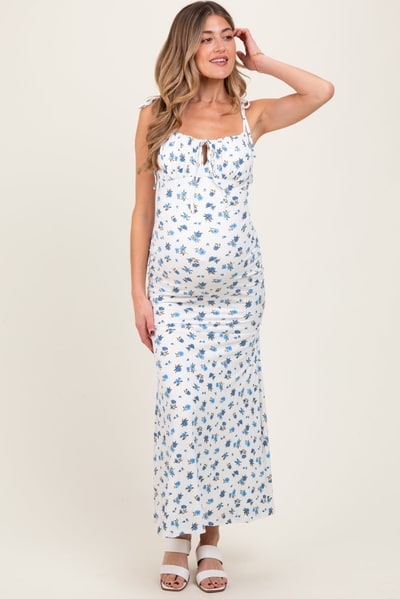 PinkBlush Blue Ribbed Floral Shoulder Tie Maternity Maxi Dress