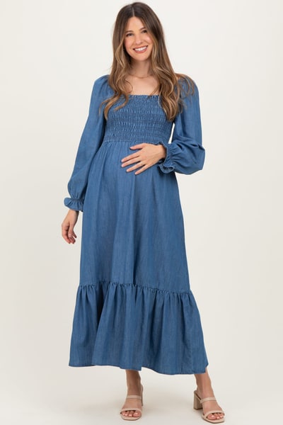PinkBlush Denim Washed Sweetheart Maternity Maxi Dress