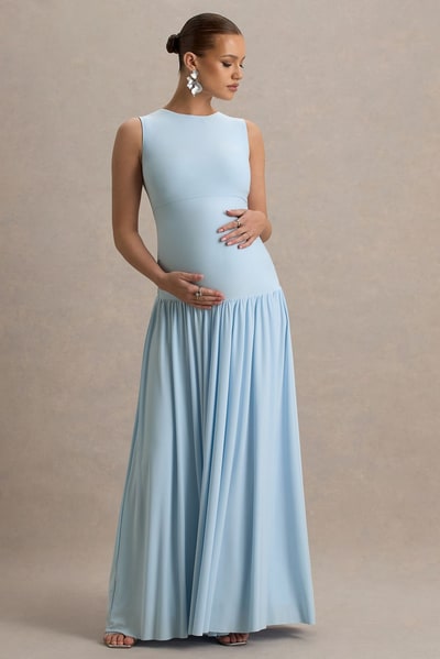 Club L London Outline | Powder Blue Crew-Neck Maternity Maxi Dress With Pleated Skirt