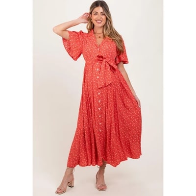 Target PinkBlush Red Flutter Sleeve Button Down Maternity Maxi Dress Red Large