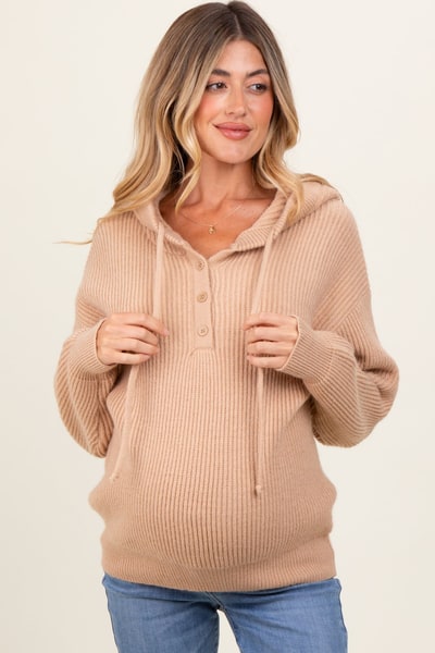 PinkBlush Beige Ribbed Knit Button Front Hooded Maternity Sweater