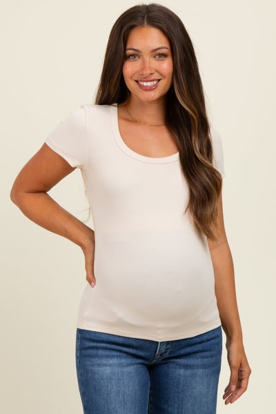 PinkBlush Cream Ribbed Square Neck Maternity T-Shirt