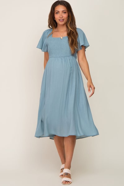 PinkBlush Light Blue Smocked Square Neck Flutter Short Sleeve Maternity Midi Dress