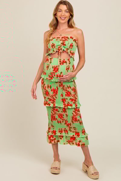 PinkBlush Lime Floral Smocked Drawstring Front Cutout Ruffle Trim Maternity Midi Dress
