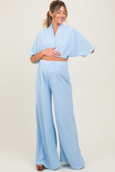 PinkBlush Blue Crop Blouse Wide Leg Pant Maternity Set