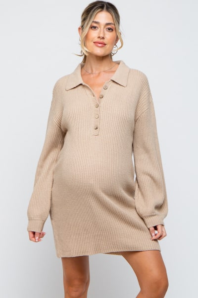 PinkBlush Beige Collared Button Front Maternity Sweater Dress