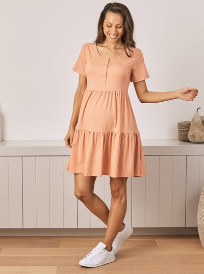 Angel Maternity Lana Maternity Tiered Dress in Apricot