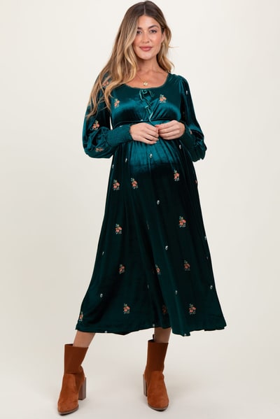 PinkBlush Deep Teal Velvet Embroidered Floral Maternity Midi Dress