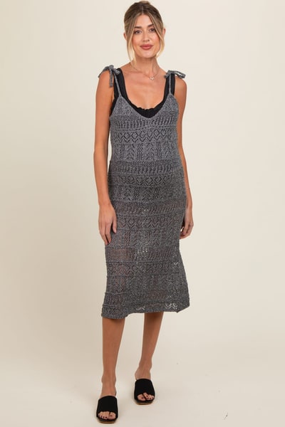 PinkBlush Charcoal V-Neck Shoulder Tie Crochet Maternity Cover Up