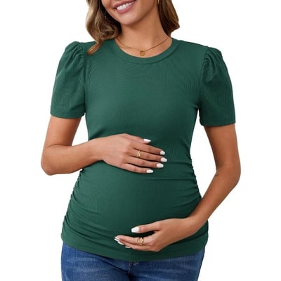 Target INSPIRE CHIC Women's Maternity Blouse Business Office Side Ruched Ribbed Knit Puff Sleeve Top Casual Pregnancy Clothes Large Green