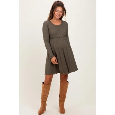 Target Pinkblush Olive Solid Ribbed Long Sleeve Crewneck Shirring Maternity Mini Dress Medium