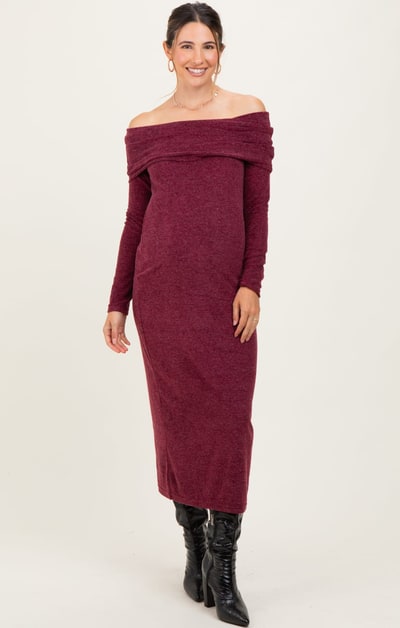 PinkBlush Burgundy Long Sleeve Off Shoulder Maternity Maxi Dress