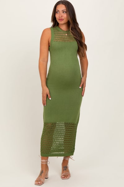 PinkBlush Green Crochet Knit Sleeveless Maternity Maxi Dress