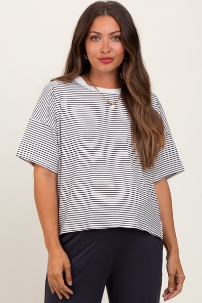 PinkBlush Black Striped Drop Shoulder Short Sleeve Maternity Top