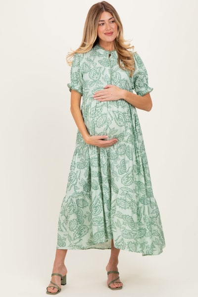 PinkBlush Light Sage Paisley Print Tiered Maternity Midi Dress