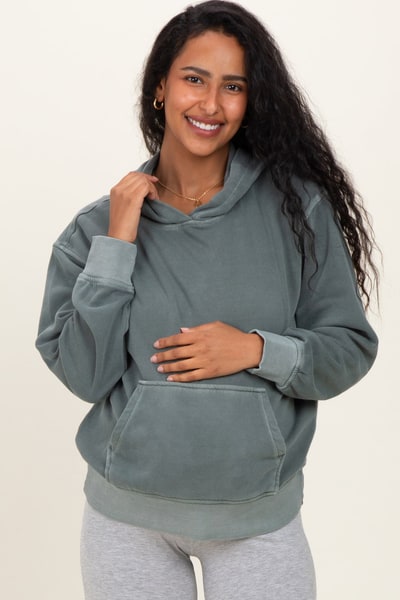 PinkBlush Dusty Jade Soft Fleece Maternity Pocket Hoodie
