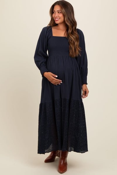PinkBlush Navy Blue Smocked Eyelet Lace Hem Maternity Maxi Dress