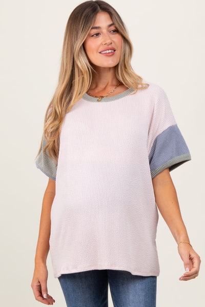 PinkBlush Peach Solid Ribbed Color Block Short Sleeve Maternity Tunic Top