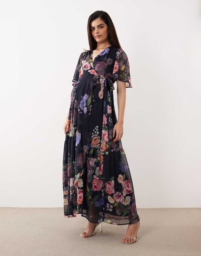 ASOS Hope & Ivy Maternity flutter sleeve maxi wrap dress with tie waist in navy floral