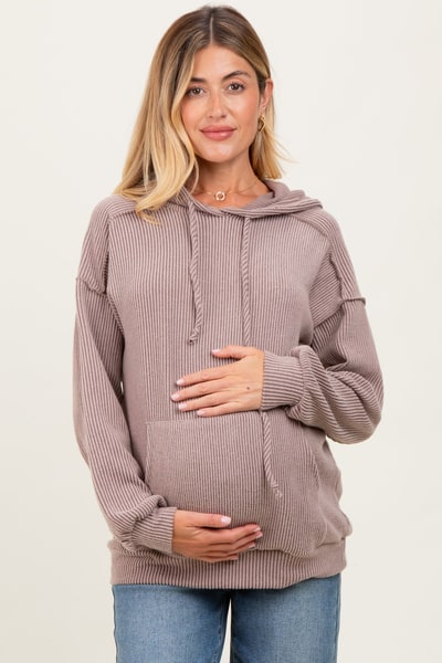 PinkBlush Mocha Long Sleeve Brushed Urban Rib Maternity Hoodie Top
