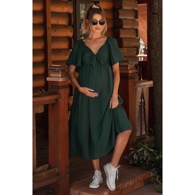 Target Pinkblush Hunter Green Front Tie Ruffle Sleeve Maternity Midi Dress Medium