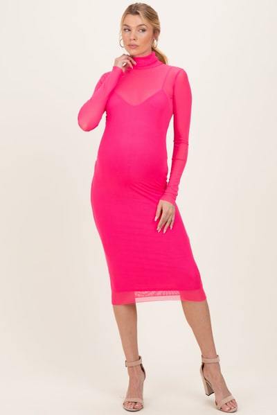 PinkBlush Fuchsia Mesh Overlay Fitted Maternity Midi Dress