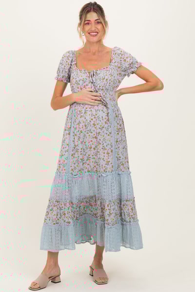 PinkBlush Light Blue Floral Lace Inset Puff Sleeve Maternity Maxi Dress