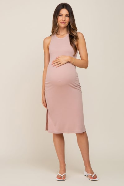 PinkBlush Mauve Ribbed Side Slit Maternity Midi Dress