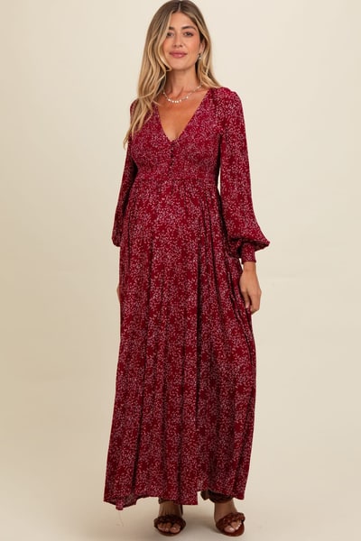 PinkBlush Burgundy Floral Smocked Button Detail Maternity Maxi Dress