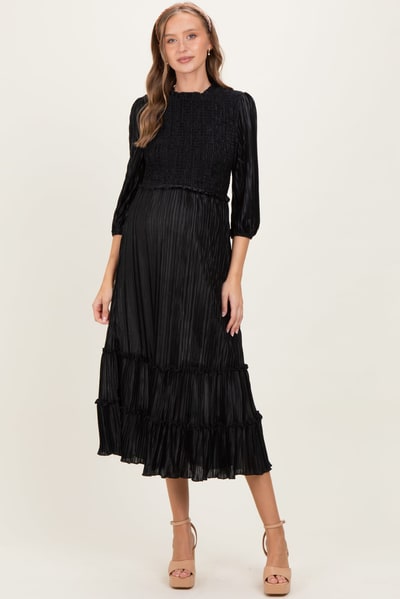 PinkBlush Black Pleated Satin Smocked Bodice Maternity Midi Dress