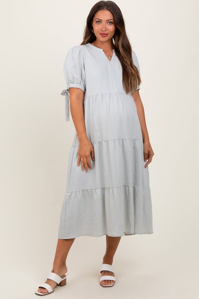 PinkBlush Light Blue Split V-Neck Sleeve Tie Tiered Maternity Midi Dress