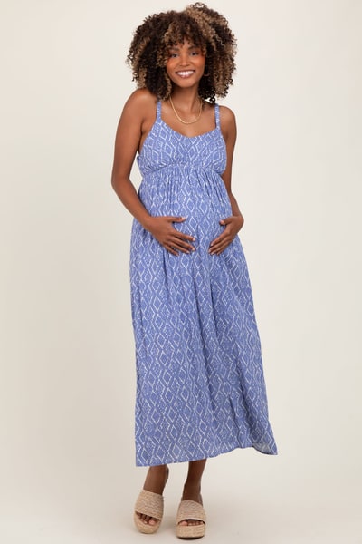 PinkBlush Blue Printed Sleeveless Maternity Midi Dress