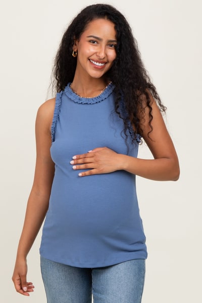 PinkBlush Blue Rib Knit Ruffle Trim Sleeveless Maternity Top