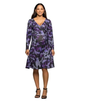 Target 24seven Comfort Apparel Maternity Long Sleeve Wrap Dress with Belt in Purple Black Print