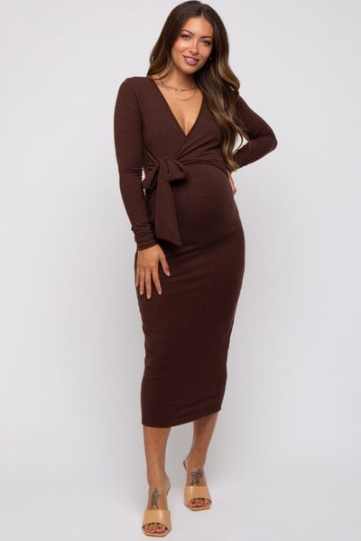 PinkBlush Brown Ribbed Long Sleeve Maternity Wrap Dress
