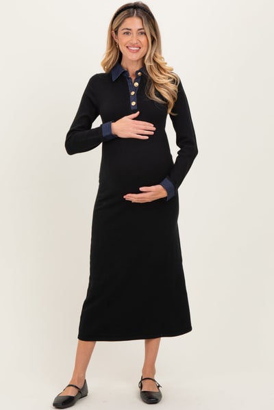 PinkBlush Black Denim Trim Maternity Knit Dress